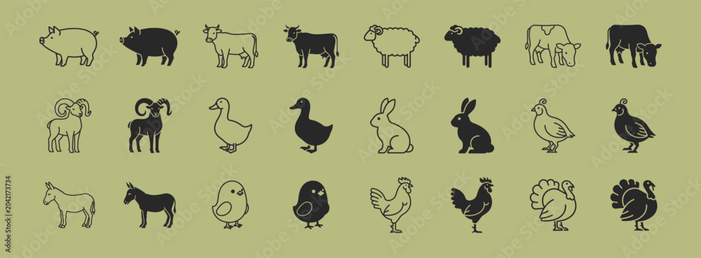 Naklejka premium Farm animal icon set with livestock poultry birds and filled silhouette vector collection