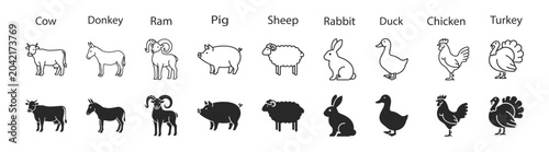 Foto Farm animal silhouette icon set with cow donkey ram pig sheep rabbit duck chicke