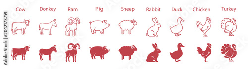 Bild auf Leinwand Red farm animal silhouette icon set with cow donkey ram pig sheep rabbit duck ch