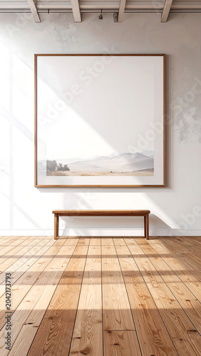 A serene landscape painting hangs on a white wall in a room with wooden flooring and a bench underneath.