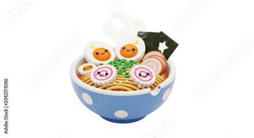 Cute cartoon ramen bowl with smiling toppings