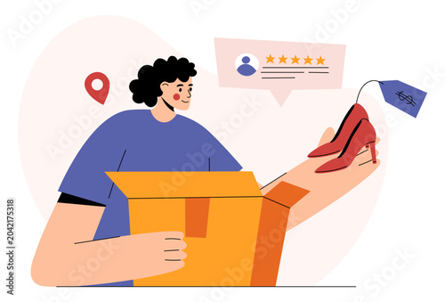 Woman unboxing a fashion purchase and leaving a customer review. Flat vector illustration of online shopping, ecommerce delivery, product rating and buyer feedback.