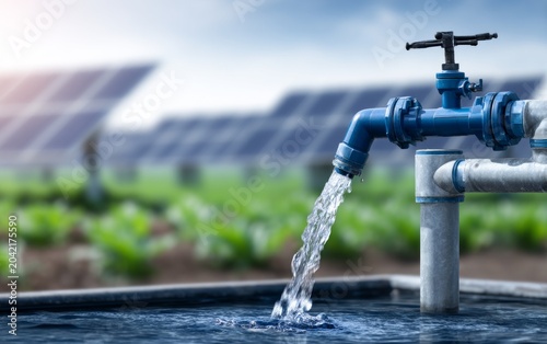 Solar Power System with Water Fountain and Solar Panel Array