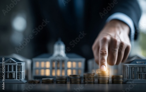Businessman Protecting Investment with Miniature Financial Concepts