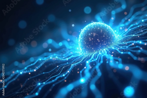 Vibrant Blue Digital Sphere Emitting Glowing Particles and Energetic Light Trails