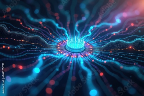 Abstract Digital Data Flow from a Central Glowing Processing Core