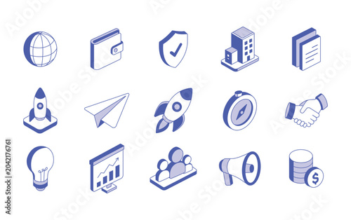 Isometric business and startup icons in blue monochrome style