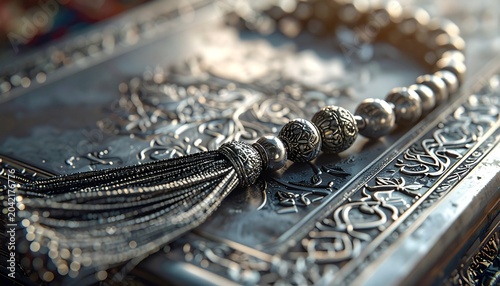 Elegant Tasbih Beads on Ornate Silver Surface - A Study in Texture and Detail.