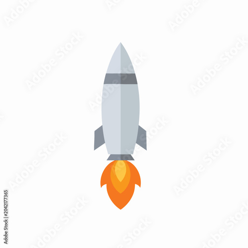 Minimalist flat design rocket launching into space.