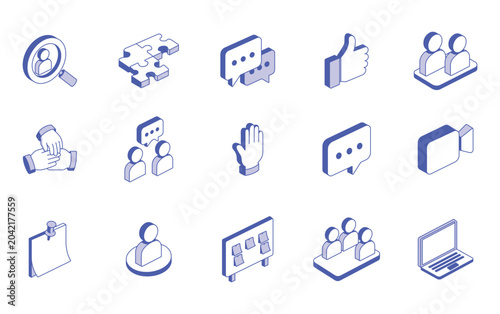 Blue isometric icons for business team collaboration and communication