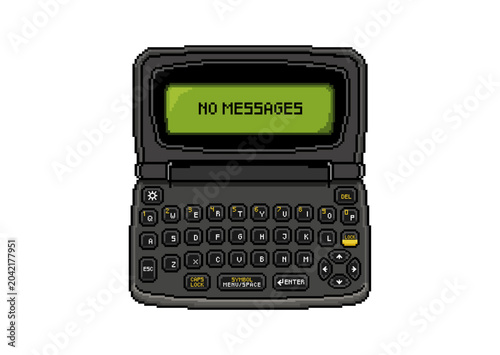 A detailed pixel art illustration of a retro clamshell two-way pager device. The black device features a small green monochrome screen displaying the message 'NO MESSAGES' and a full QWERTY keyboard, 