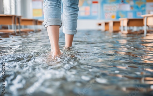 Person Walking Through Flooded Classroom with Water on Floor