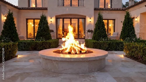Luxury courtyard with active stone fire pit and manicured hedges