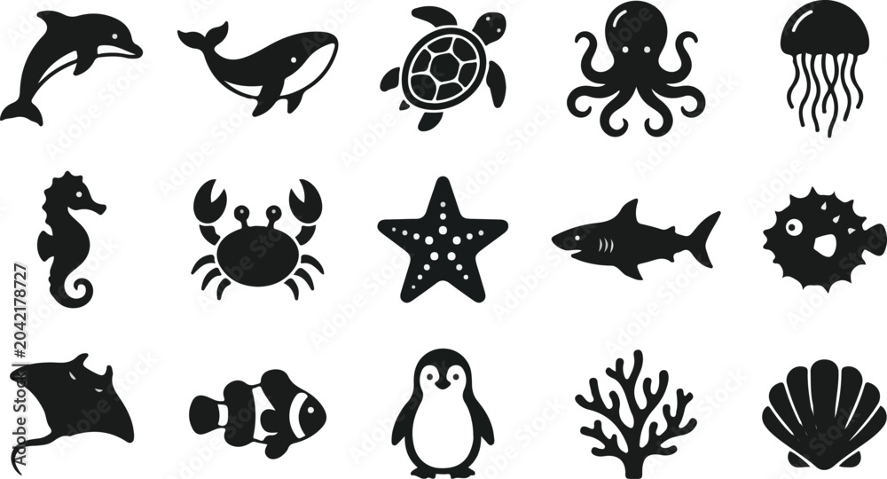 Obraz premium Marine Life Silhouette Icons Set Ocean Animals Sea Creatures Vector Collection .