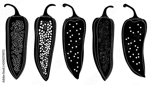 Five chili pepper cross sections illustrate varying amounts of internal seeds