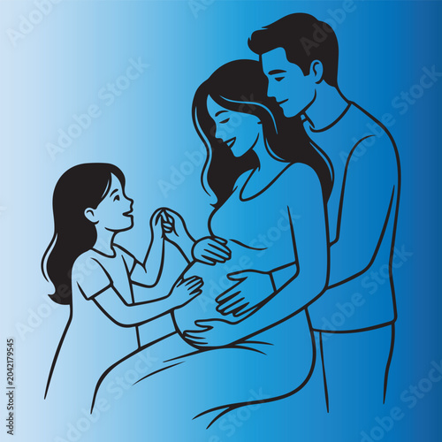 Family bonding moment with pregnant woman receiving care from partner and daughter at home