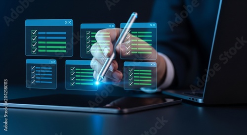 Businessman hand checking tasks on digital holographic screens with a pen for project management and quality control