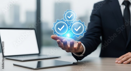 Businessman hand holding digital check mark gears for quality control