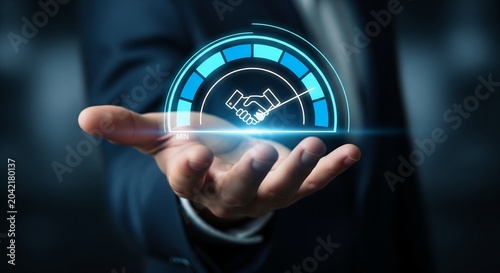 Businessman holding a digital speedometer icon representing partnership