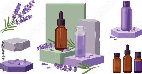 Lavender Essential Oil and Cosmetic Bottle Vector Set with Dropper, Glass Vials, Podiums, and Flower Sprigs for Organic Product Mockup Designs
