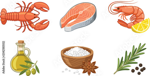 Seafood and Cooking Ingredients Vector Icon Set with Lobster, Salmon Steak, Shrimp, Olive Oil, Sea Salt, and Rosemary Elements for Restaurant Menu Designs