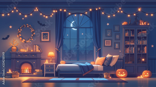 ハロウィーンらしい怪しくかわいい室内背景イラスト。かぼちゃ飾り、幽霊、こうもり、キャンドル、月夜、窓辺、ガーランド、家具、インテリア、秋のイベント、配信背景、動画用背景、待機画面、壁紙、サムネイル、背景素材、季節素材、装飾、パーティー演出、ファンタジー、物語を感じる世界観の高品質イラスト。ゲーム配信、雑談配信、イベント告知にも最適。ライブ配信、動画制作、季節演出にも便利。季節感あふれる人気テーマ。