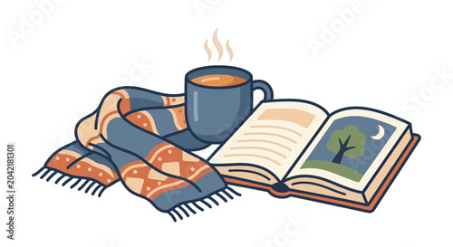 Photography Warm cozy scarf and coffee mug.