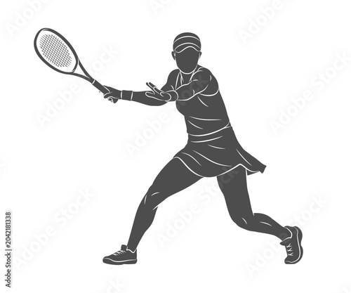 The silhouette of a tennis player in the process of hitting a racket. Vector illustration of paints
