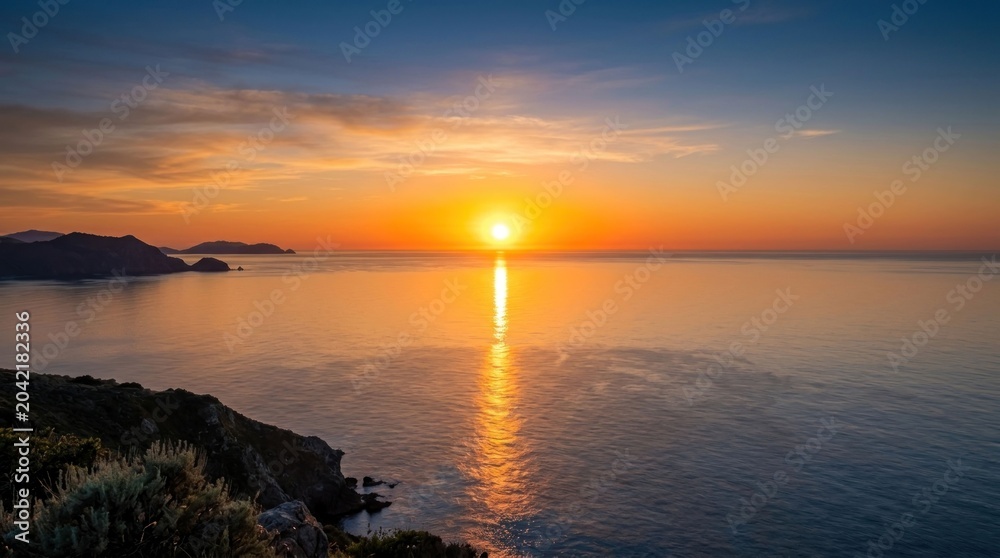 Fototapeta premium Golden Sunset Over Calm Ocean with Island Silhouette.
