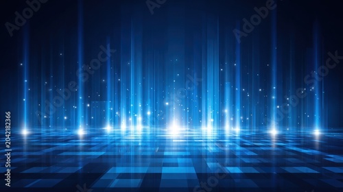 Brilliant blue vertical light beams emerge from a digital, illuminated floor surface.