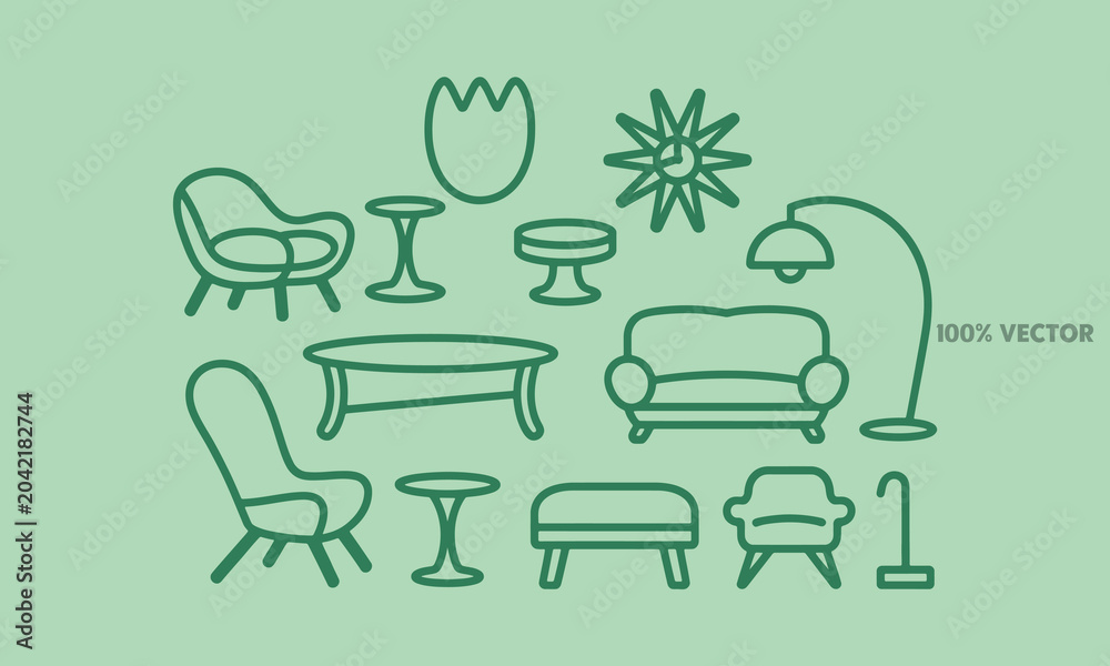 Fototapeta premium Vector outline icons of mid-century modern furniture