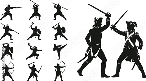 Schilderij op canvas Warrior and Soldier Silhouette Set Featuring Historical Sword Duels Archery Mart