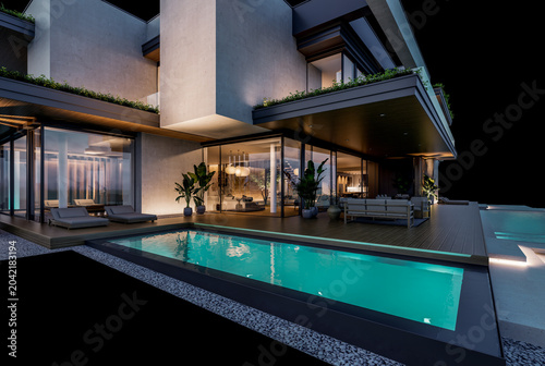 3d rendering of two-story house with concrete facade isolated on black