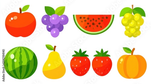 Collection of bright and colorful stylized fruit illustrations displayed in two rows
