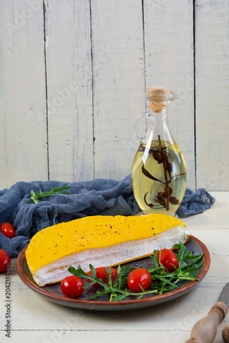 Omelette de la Mère Poulard with a light and airy texture. Fluffy egg dish served for breakfast