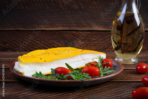 Omelette de la Mère Poulard with a light and airy texture. Fluffy egg dish served for breakfast
