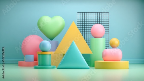 Assortment of soft pastel three dimensional geometric shapes arranged on a light colored surface against a muted backdrop