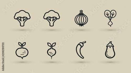 Collection of stylized black outline icons representing various garden produce items on a pale background.
