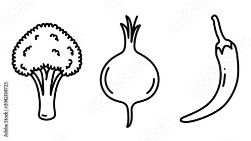 Hand drawn outline icons depict broccoli, an onion, and a chili pepper arranged horizontally.