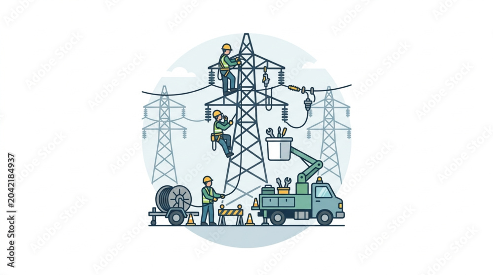 Fototapeta premium Electricity Workers Maintaining High Voltage Power Lines.