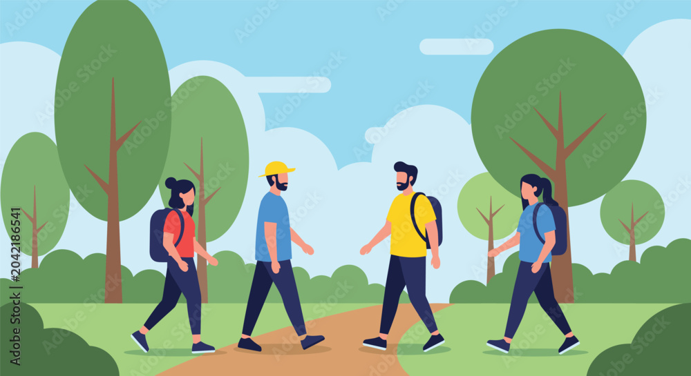 Fototapeta premium Group of active hikers with backpacks walking along a trail through a sunny park filled with tall green trees and blue sky.