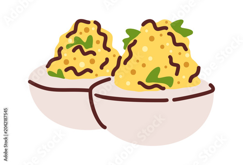 Schilderij op canvas Deviled Egg Garnished Halves Cartoon Style