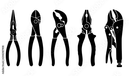 Minimal black pliers vector collection for handyman and repair tools isolated on white