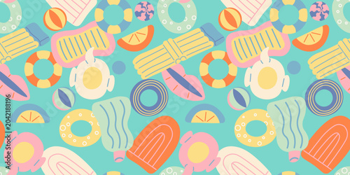 Seamless pattern with inflatable swimming toys in doodle style.Element for decoration design mail posts postcards poster print invitation background backdrop wrapping wallpaper banner textile