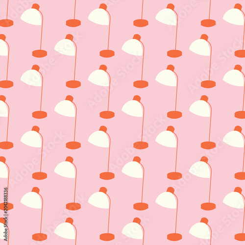 Desk lamp seamless pattern vector illustration. Minimalist flat design of office table light texture for bakeshop or freelance workspace textiles, home decor wallpaper, cozy room wrapping paper 