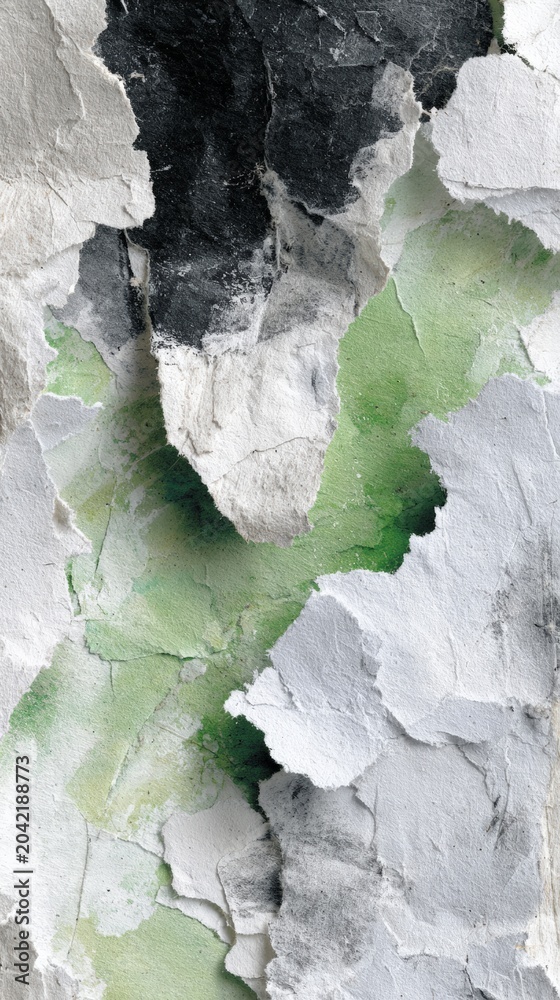 Fototapeta premium Abstract torn paper collage with layered green watercolor and black grunge textures for distressed wallpaper and poster design