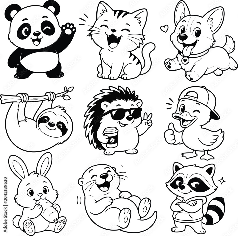 Fototapeta premium Cute Cartoon Animal Character Set with Cat, Dog, Lion, Tiger, Rabbit, Sheep, and Bear Faces Vector Illustration