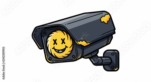Grungy security camera with a cracked, grinning smiley face lens