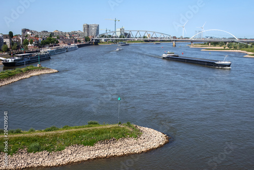 Barges and Riverboats on Waal River, Nijmegen, Netherlands