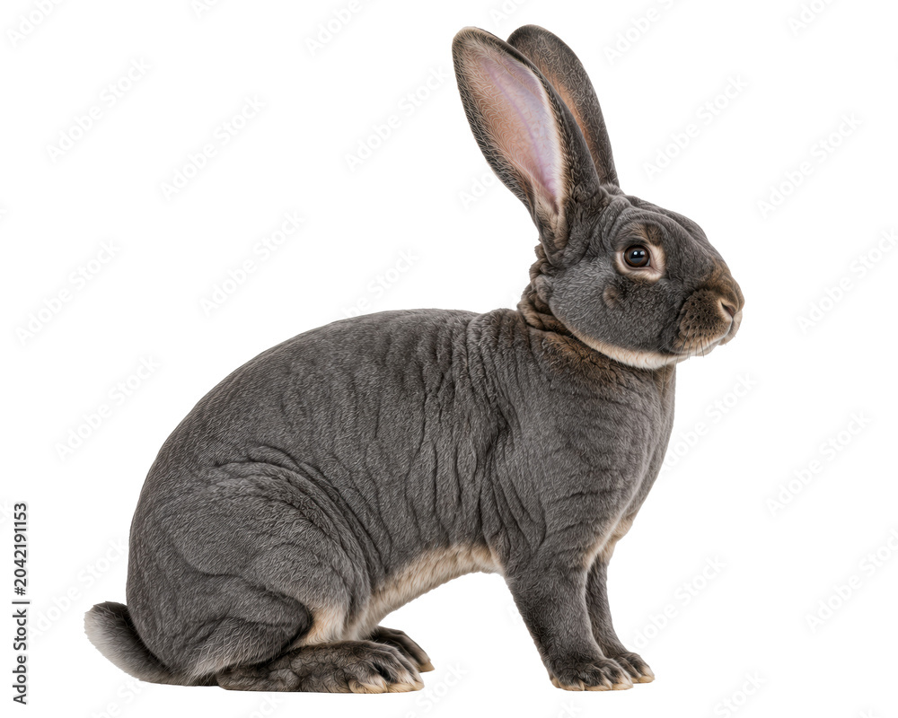Fototapeta premium Gray rabbit isolated on transparent background, sitting bunny with long ears for pet and farm design